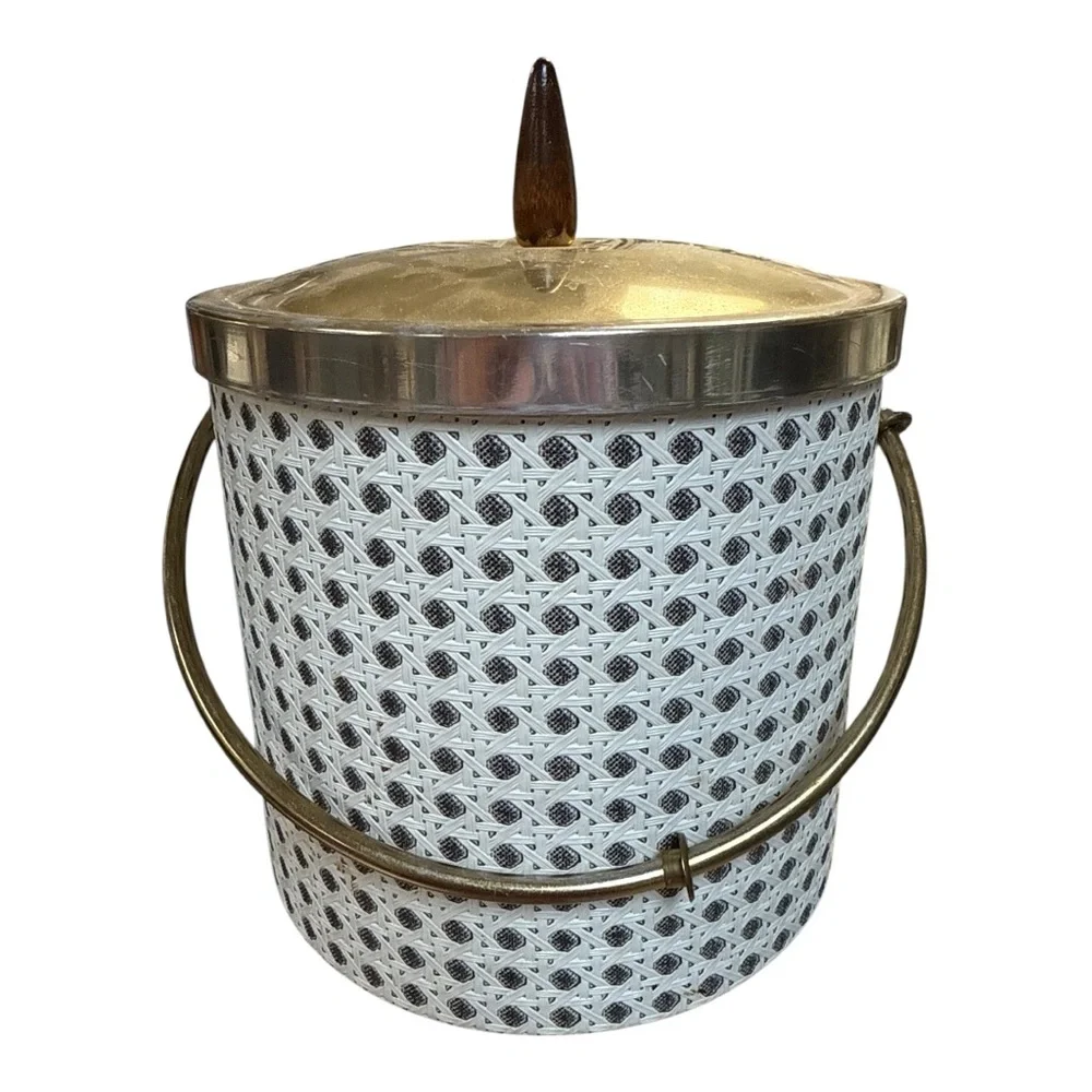 Vintage 1960s Rattan & Brass Ice Bucket with Wooden Knob Lid Midcentury Modern